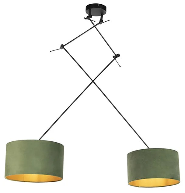 Lampă suspendată neagră cu abajururi din catifea verde și auriu 35 cm cu 2 lumini - Blitz