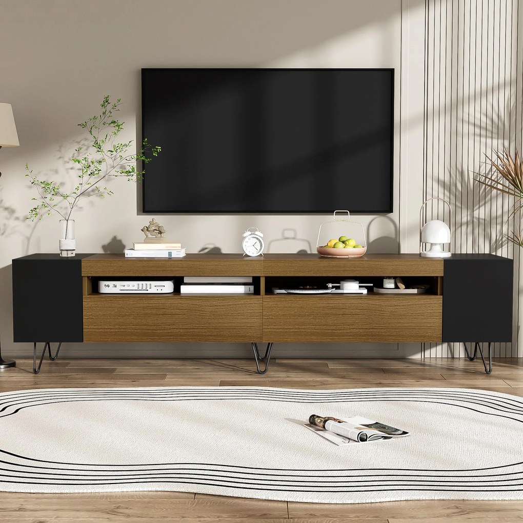 Dulap TV cu aspect de lemn, 2 compartimente deschise, rafturi laterale, 180x36x43 cm, Negru + Culoare naturală