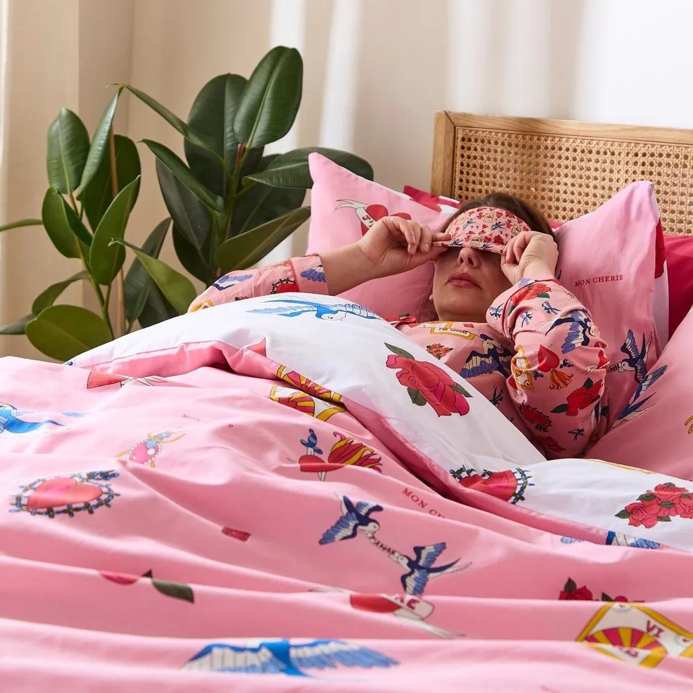 Lenjerie de pat albă-roz din bumbac pentru pat dublu, extinsă 230x220 cm Mon Coeur – Their Nibs