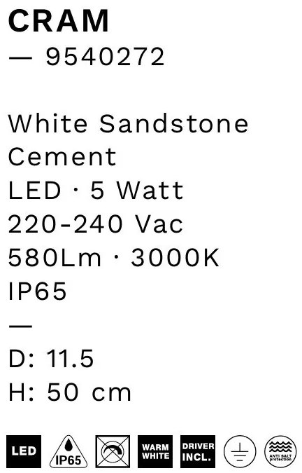 Stalp LED din ciment pentru exterior IP65 Cram White H-50cm
