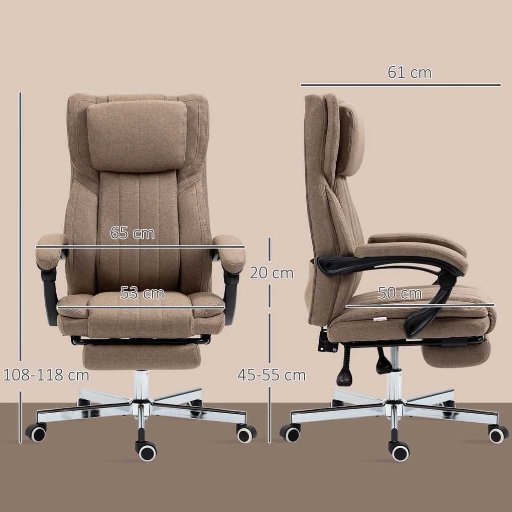 Vinsetto Scaun Rabatabil pentru Birou cu 6 Puncte și 5 Moduri de Masaj, Tetieră și Telecomandă, 65x61x105-113 cm, Maro | Aosom Romania