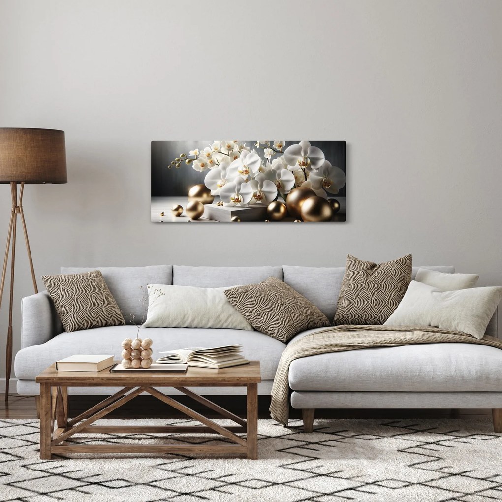 Tablou - Orhidee și bile aurii (120x50 cm)