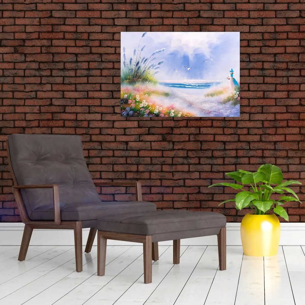 Tablou pe sticlă - Plaja romantică, pictură în ulei (70x50 cm)