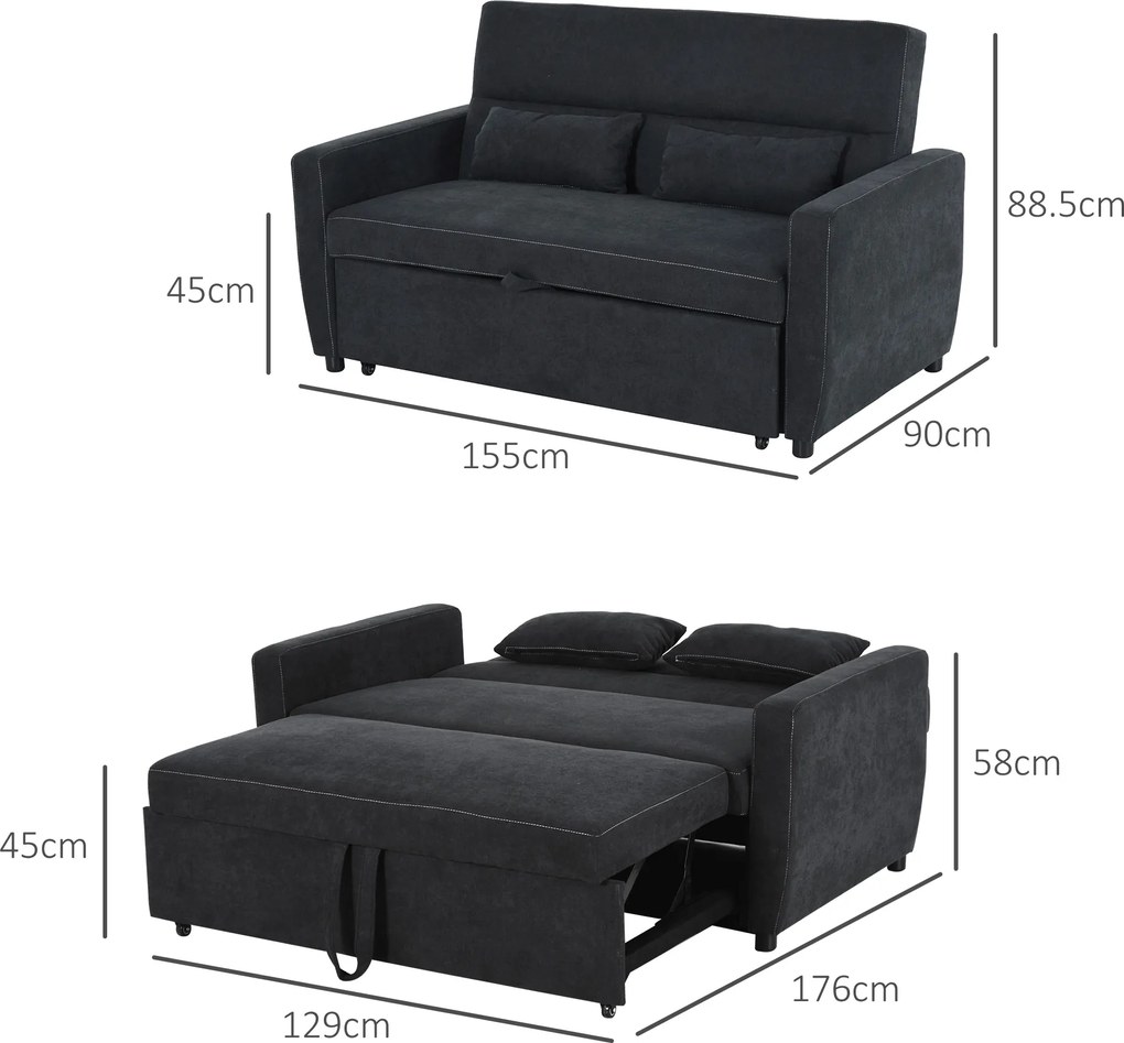 HOMCOM Canapea 2 locuri cu funcție de pat, spătar reglabil, canapea tapițată, aspect catifelat, pentru living, dormitor, Negru | Aosom Romania