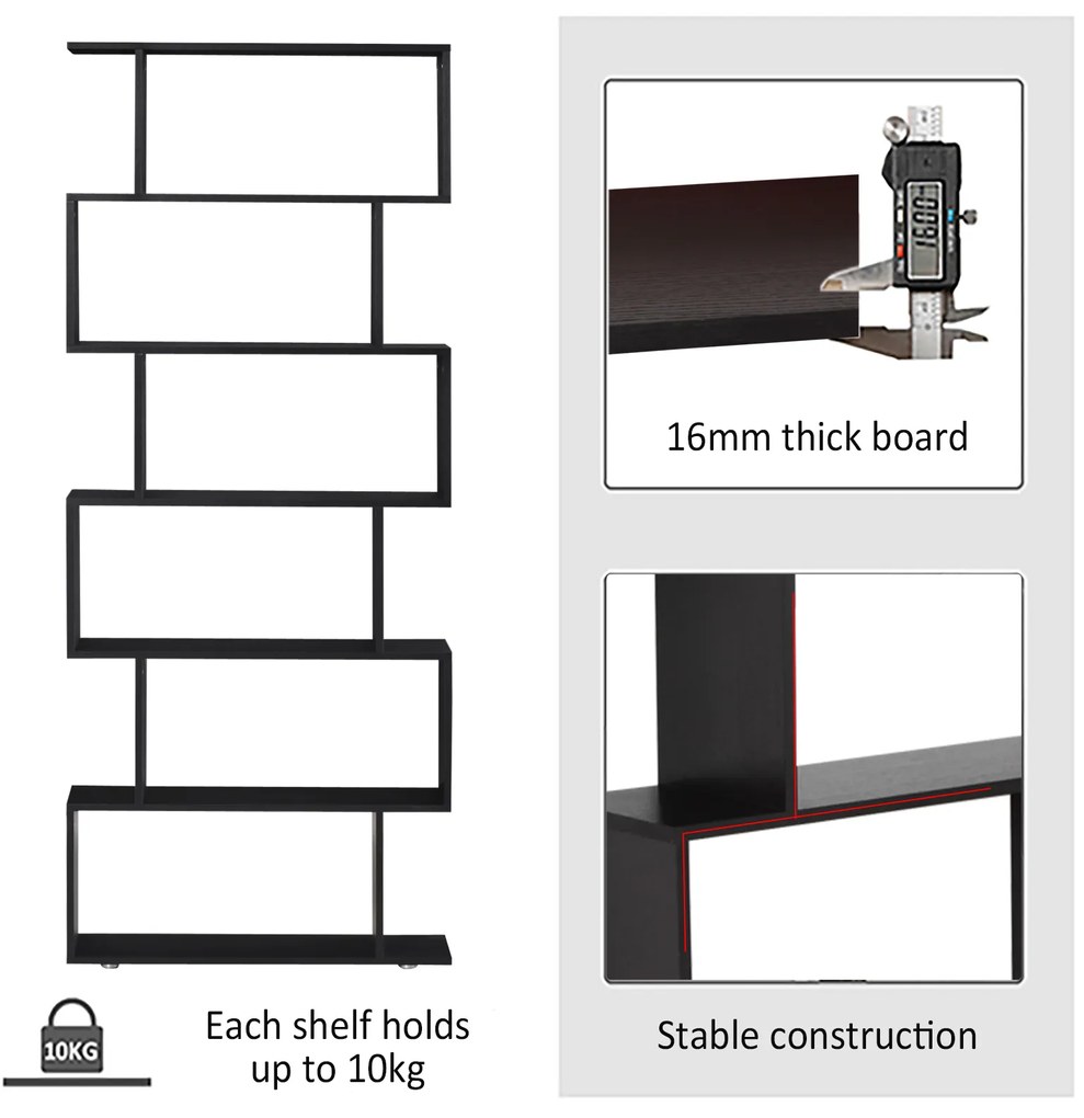 HOMCOM Bibliotecă Modernă în Formă de S cu 6 Etajere, pentru Birou sau Living, din Lemn, 80x24x191 cm, Neagru | Aosom Romania