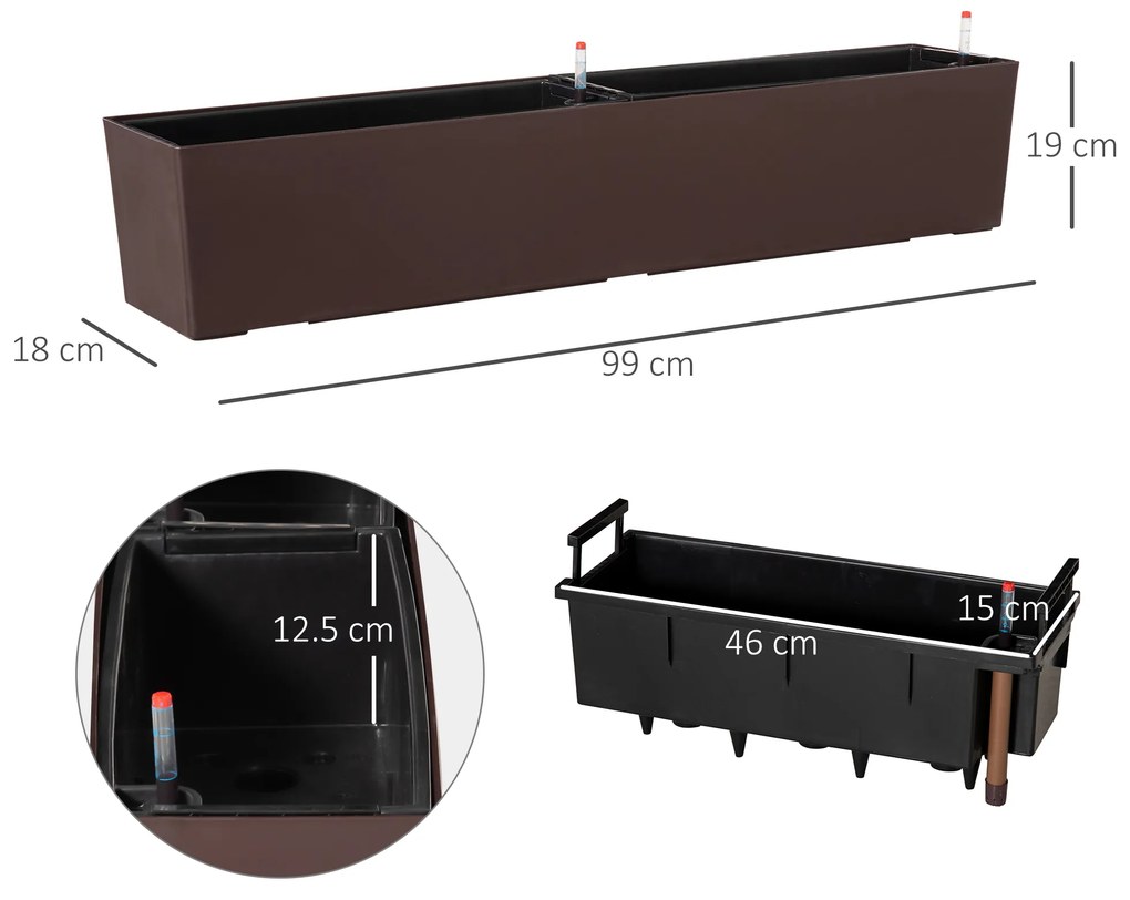 Jardiniera de Balcon Outsunny cu Carlig pentru Balustrada Reglabila, Indicator Nivel Apa si Disc cu Auto-Irigare, 99x18x19cm