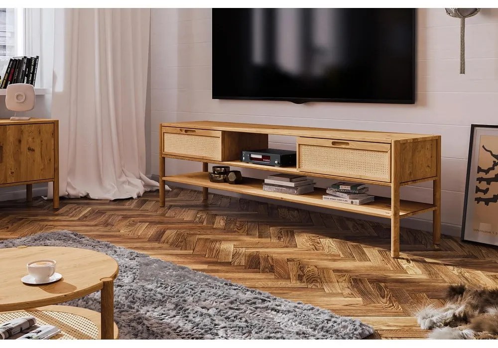 Masă TV din lemn de stejar 204x64 cm Pola - The Beds