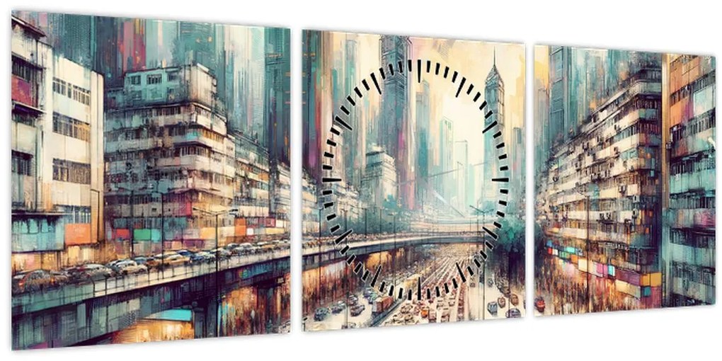 Tablou - Viața din marele oraș (cu ceas) (90x30 cm)