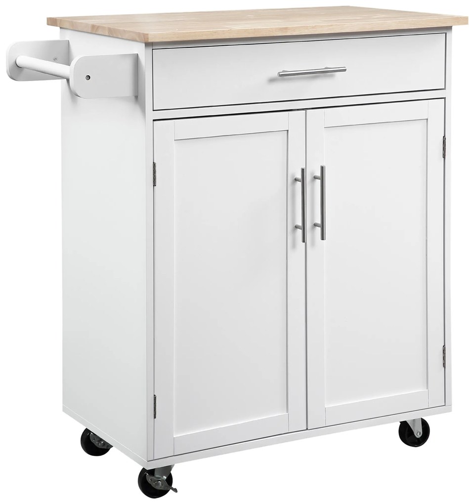 HOMCOM Cărucior de bucătărie pe roți cărucior de servire insulă de bucătărie cu sertar, dulap și suport pentru prosoape - alb | Aosom Romania