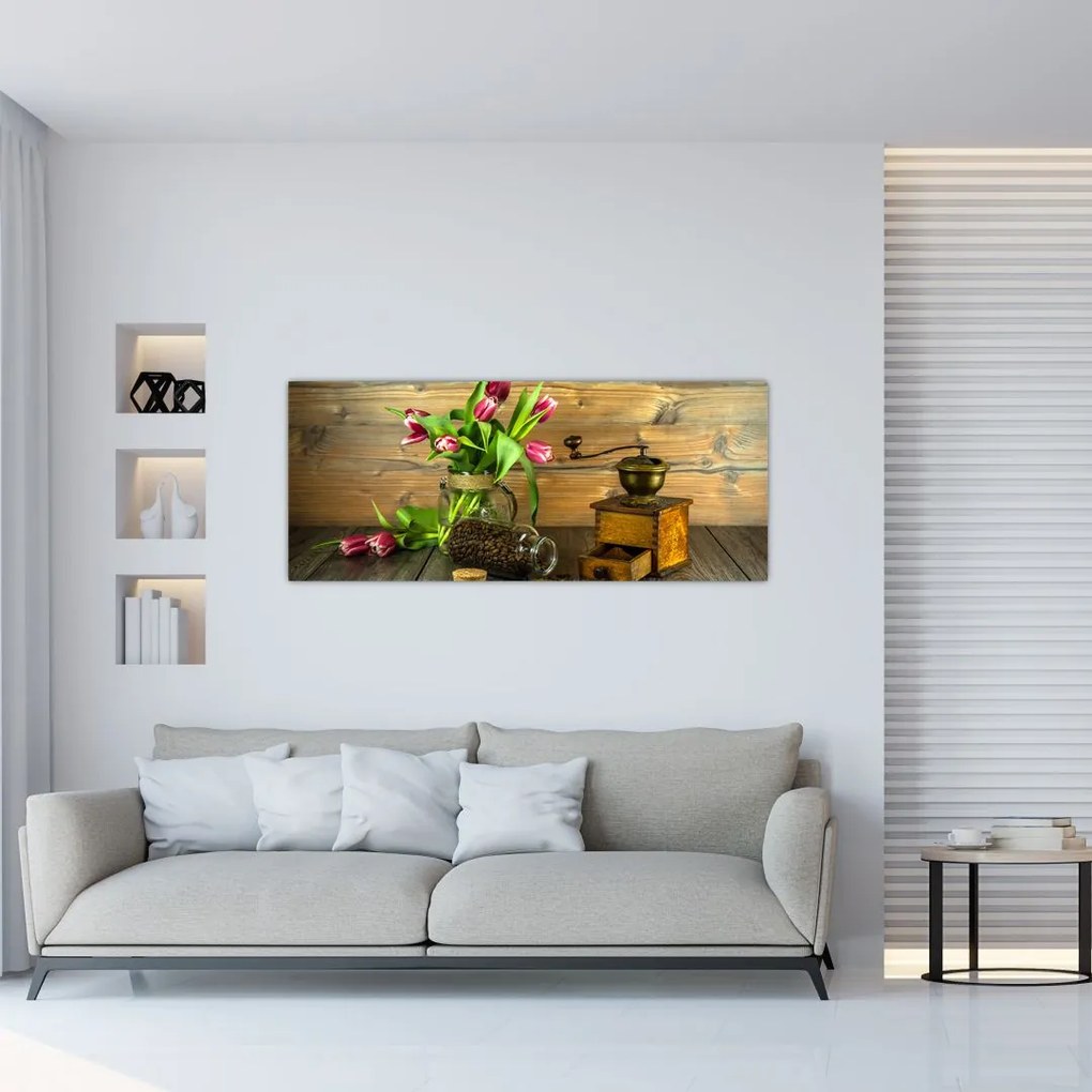Tablou - lalele, râșniță și cafea (120x50 cm)