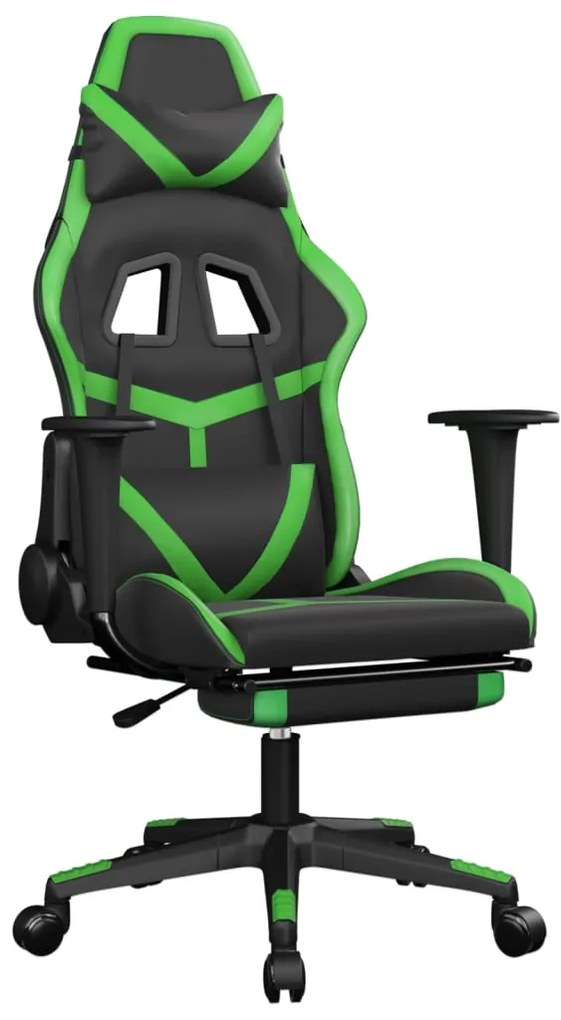 345437 vidaXL Scaun gaming de masaj/suport picioare, negru/verde, piele eco