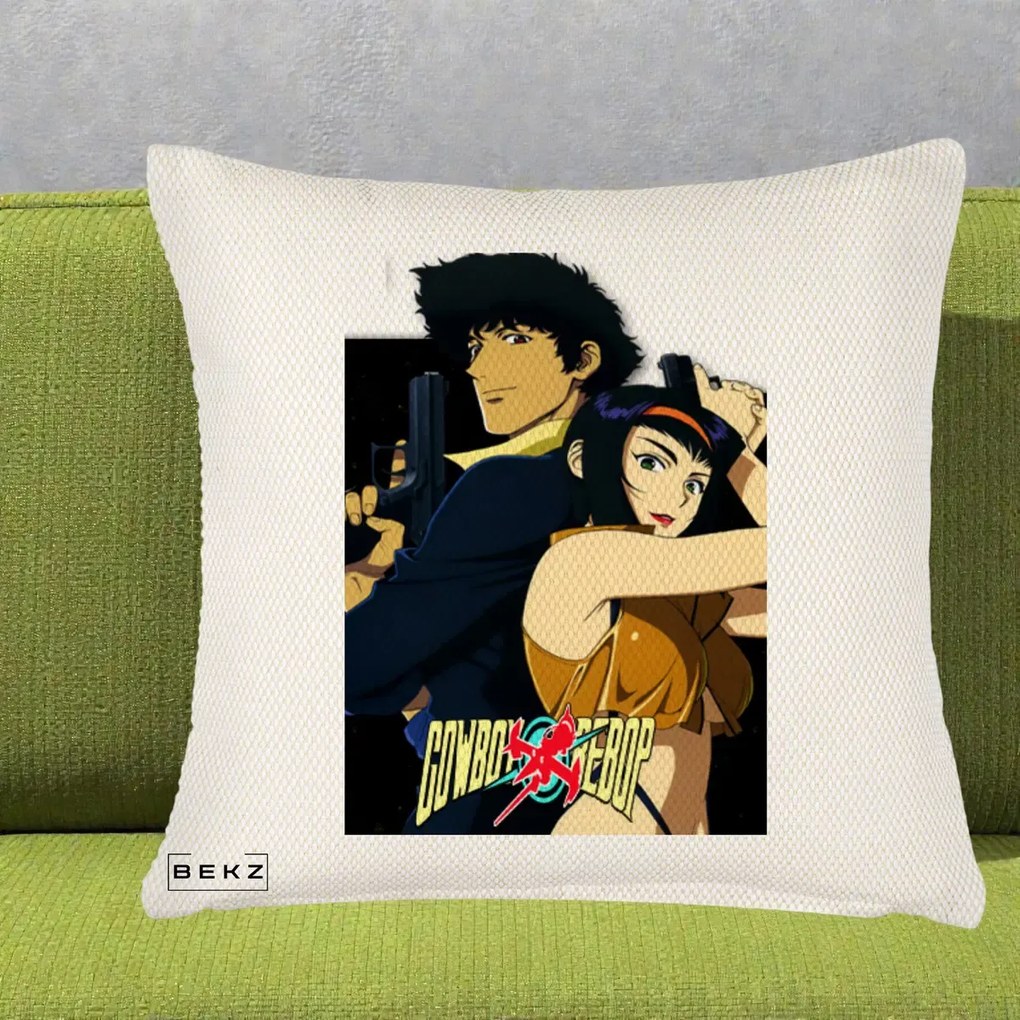 Perna Personalizata Cowboy Bebop Spike si Faye Poster, 40x40 cm, Crem Reliefat, Husa Detasabila, Perna Inclusa, BEKZ®