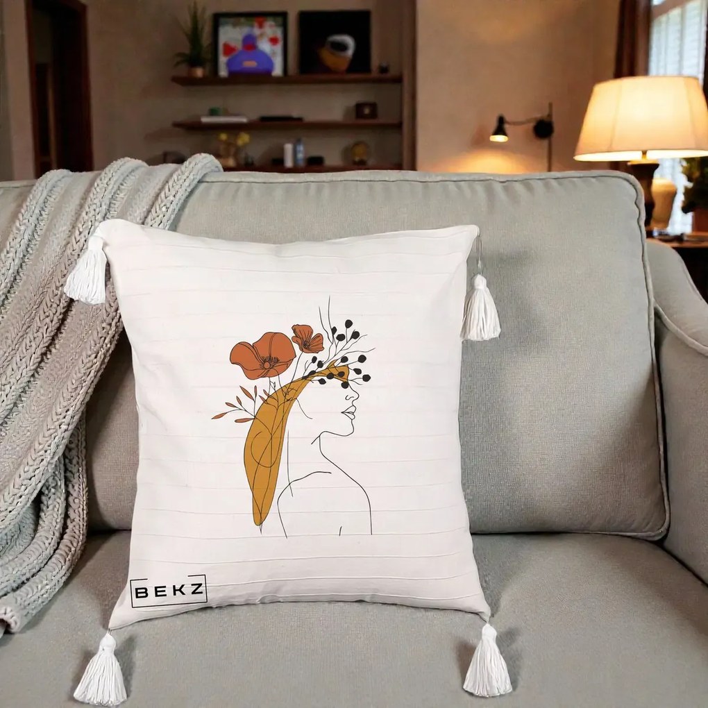 Perna Decorativa Portret Feminin Maci Rosii Auriu, 40x40 cm, Bej cu Franjuri, Husa Detasabila, Perna Inclusa, BEKZ®