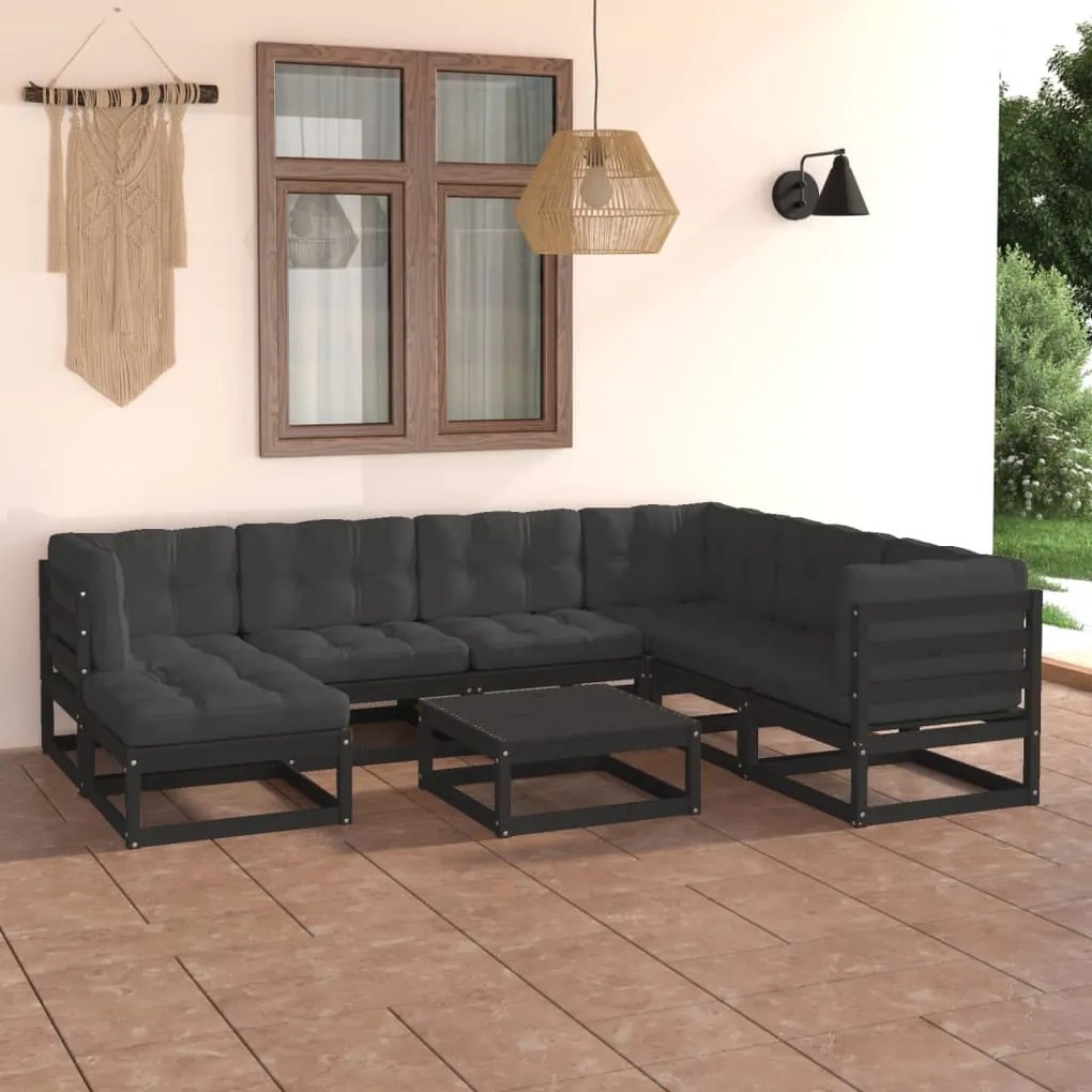 Set mobilier de gradina cu perne, 8 piese, lemn masiv pin Negru, 1, Da