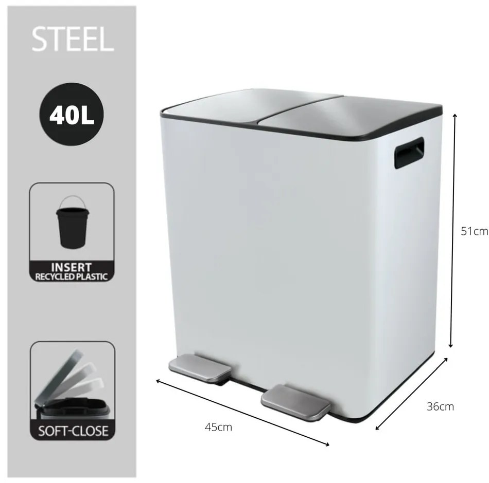 Coș de gunoi alb mat pentru reciclare/cu pedală 2x20 l din oțel Aliya – Spirella
