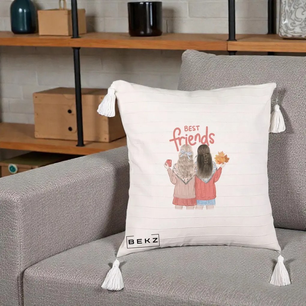 Cadou pentru Prieteni - Perna Personalizata Best Friends Toamna, 40x40 cm, Bej cu Franjuri, Husa Detasabila, Perna Inclusa, BEKZ®