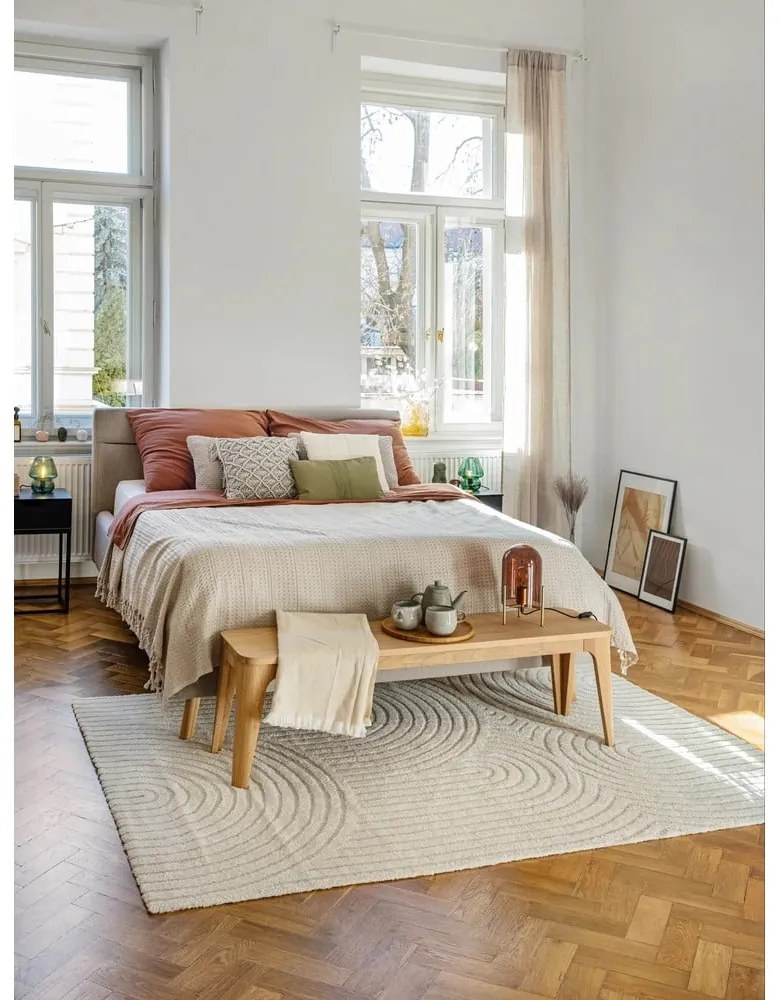 Pat matrimonial bej tapițat cu spațiu de depozitare cu somieră 140x200 cm Lotte – Meise Möbel