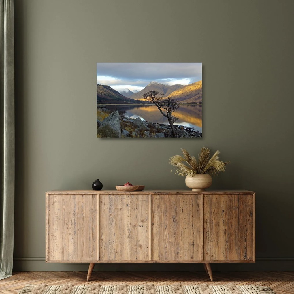 Tablou pe sticlă - Munții de lângă lac (70x50 cm)