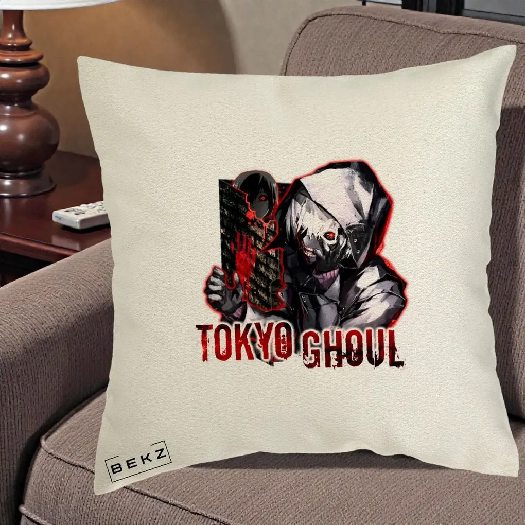 Perna Personalizata Tokyo Ghoul Ken Kaneki Anime, 40x40 cm, Ecru, Husa Detasabila, Perna Inclusa, BEKZ®