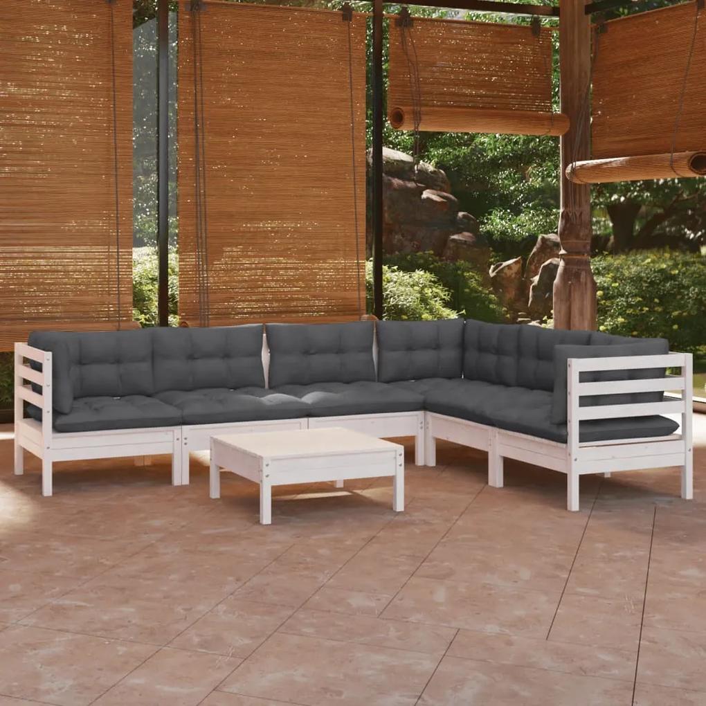 3096690 vidaXL Set mobilier de grădină cu perne, 7 piese, alb, lemn masiv pin