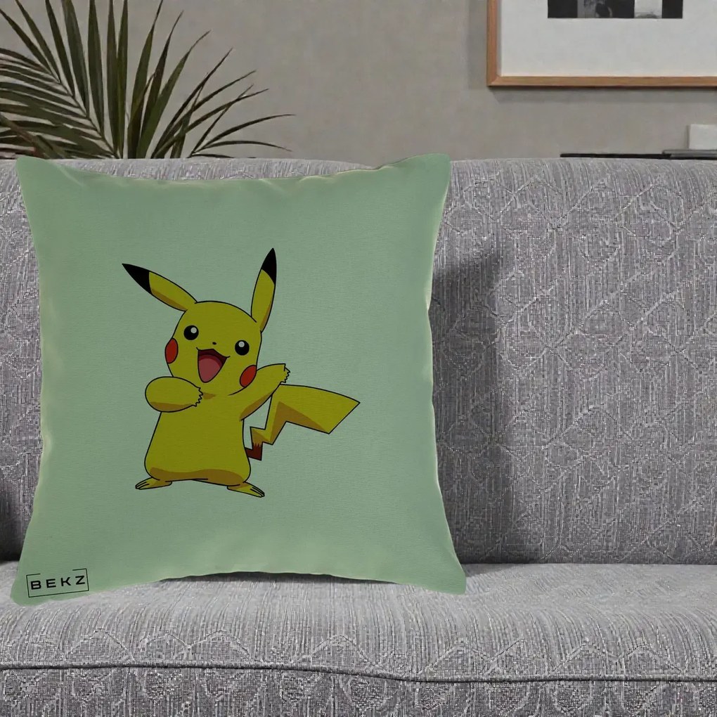 Perna Personalizata Pikachu Fericit, 40x40 cm, Verde, Husa Detasabila, Perna Inclusa, BEKZ®