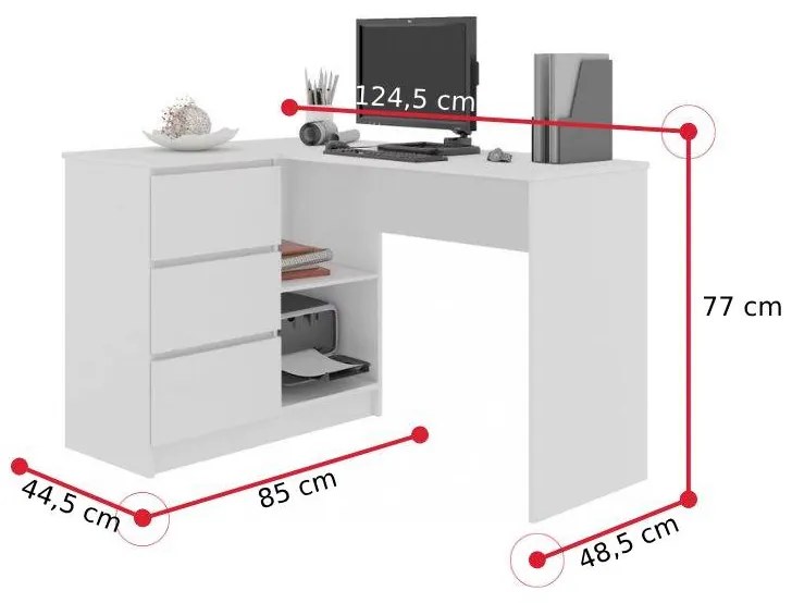 Supermobel Birou AKORD B16 3SZ, 124,5x77x50, alb, dreapta