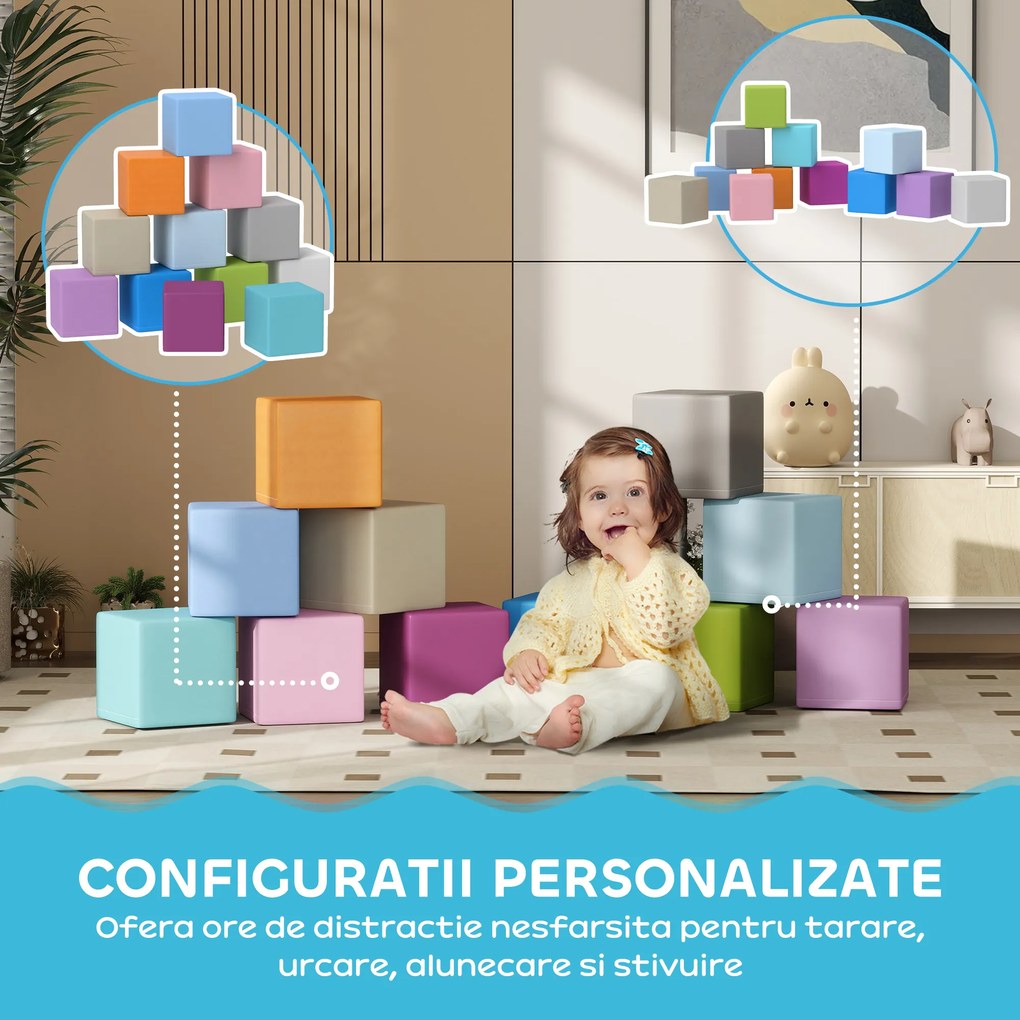 HOMCOM Set 12 Cuburi de Jucărie Moi pentru Copii 12-36 Luni, 20x20x20 cm, Multicolor Închis | Aosom Romania