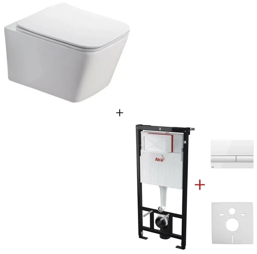 Set rezervor incastrat Alcadrain cu clapeta si vas WC suspendat Fluminia Paris cu capac softclose