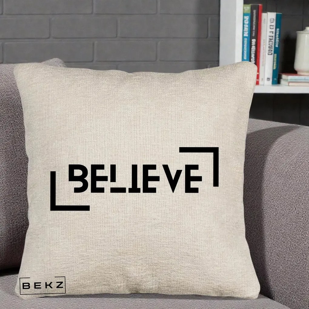 Perna Decorativa Believe Minimalist, 40x40 cm, Bej Canapea, Husa Detasabila, Perna Inclusa, BEKZ®