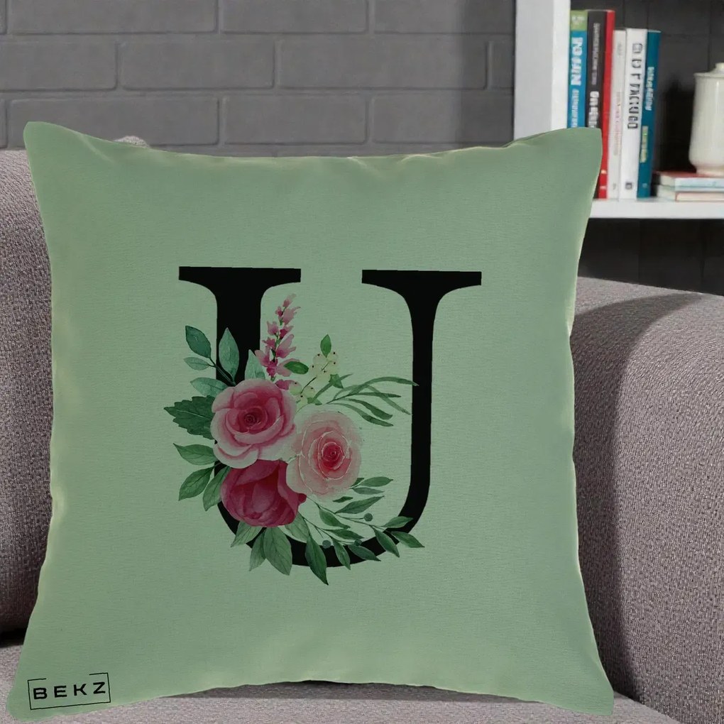 Cadou Personalizat - Perna Personalizata Monograma Florala Litera U, 40x40 cm, Verde, Husa Detasabila, Perna Inclusa, BEKZ®