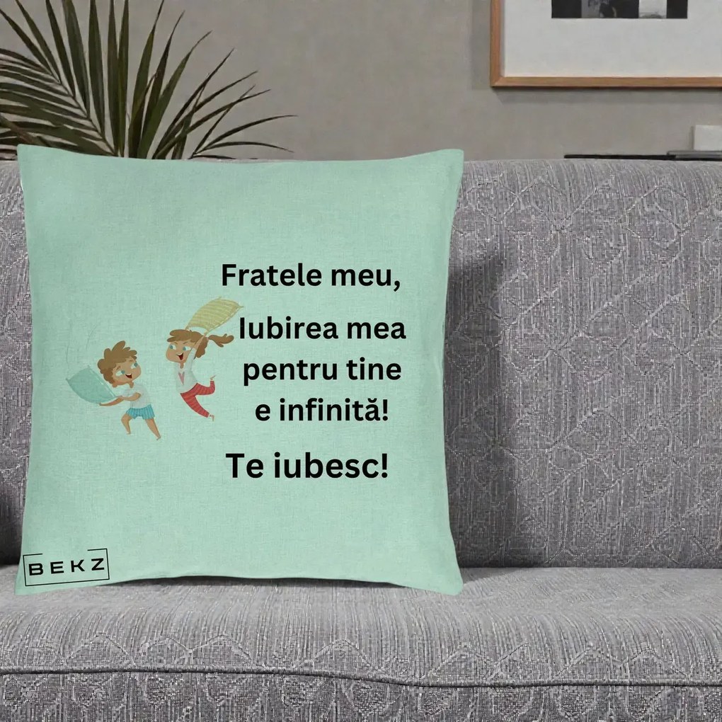 Cadou pentru Frate - Perna Personalizata Fratele Meu Te Iubesc Copii Batalie Perne, 40x40 cm, Verde Menta, Husa Detasabila, Perna Inclusa, BEKZ®