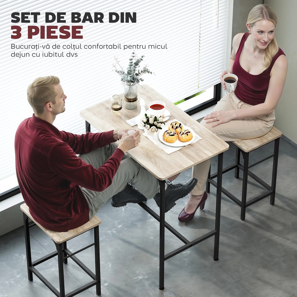 HOMCOM Set Mobilier Bar 3 Piese cu Masă de Bucătărie și 2 Scaune de Bar, Negru și Lemn | Aosom Romania