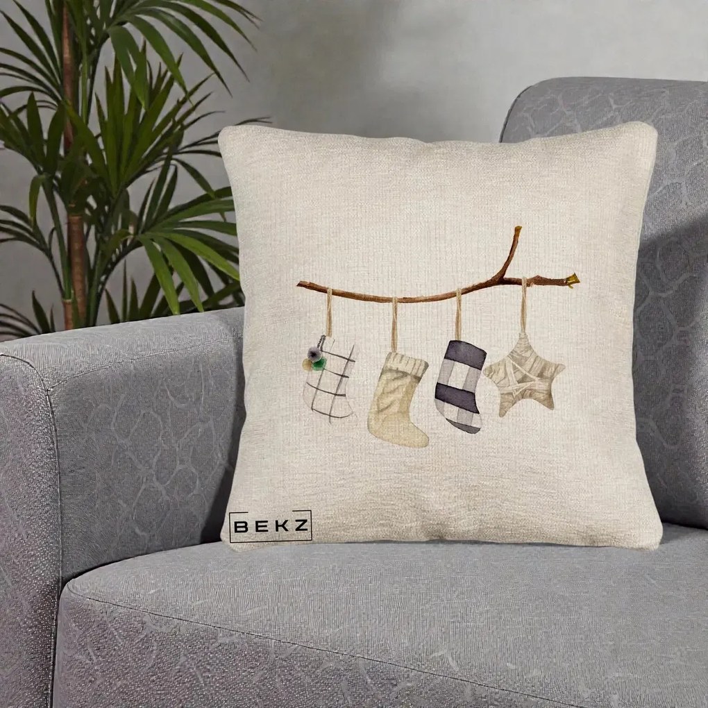 Perna Decorativa Ciorapi de Craciun pe Ramura, 40x40 cm, Bej Canapea, Husa Detasabila, Perna Inclusa, BEKZ®