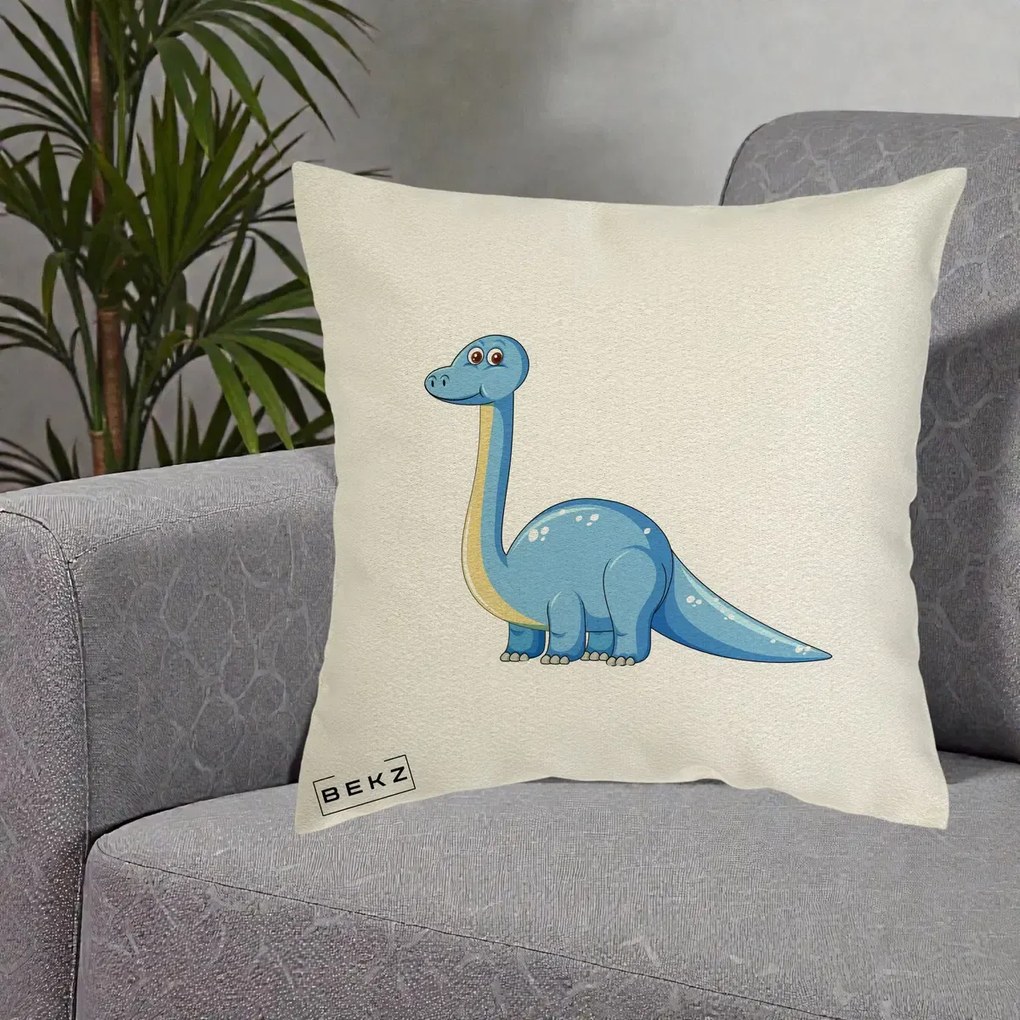 Perna Personalizata Brontosaur Albastru, 40x40 cm, Ecru, Husa Detasabila, Perna Inclusa, BEKZ®