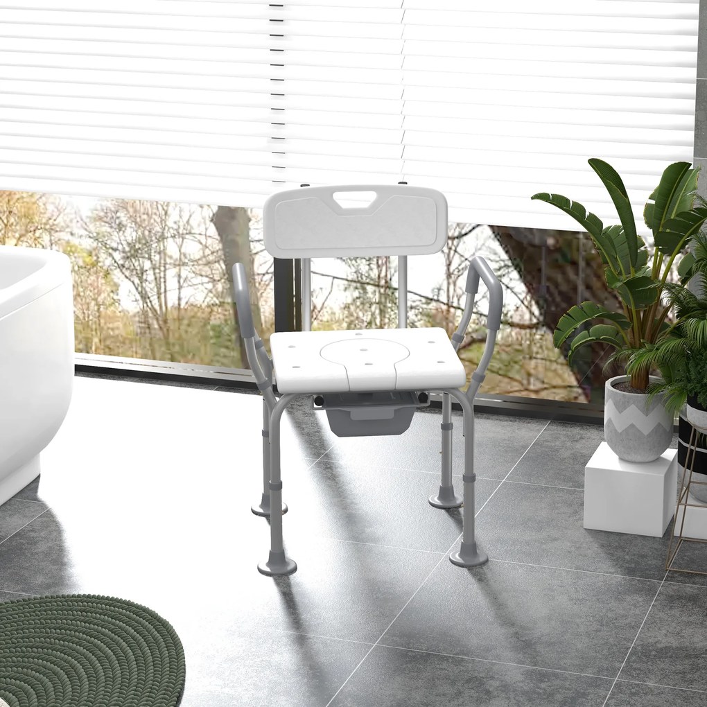 HOMCOM Scaun Baie cu Spătar și Brațe, Toaletă cu Înălțime Reglabilă, Scaun Toaletă cu Plăcuță de Picior, 53,5x46x70-82,5 cm, Alb | Aosom Romania