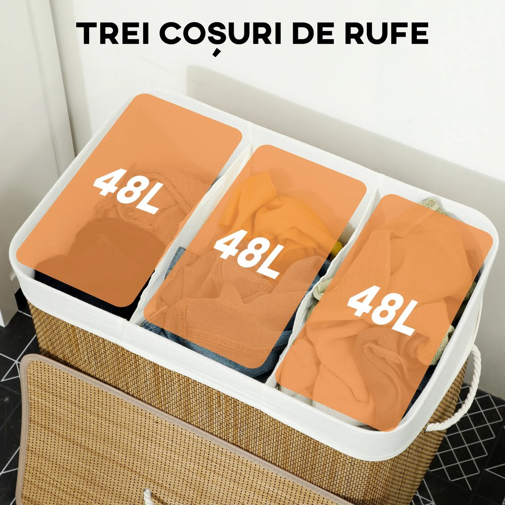HOMCOM Coș pentru Rufe din Bambus cu Capac, 144L, 3 Compartimente, Sac Detașabil și Lavabil, Mânere, Maro | Aosom Romania