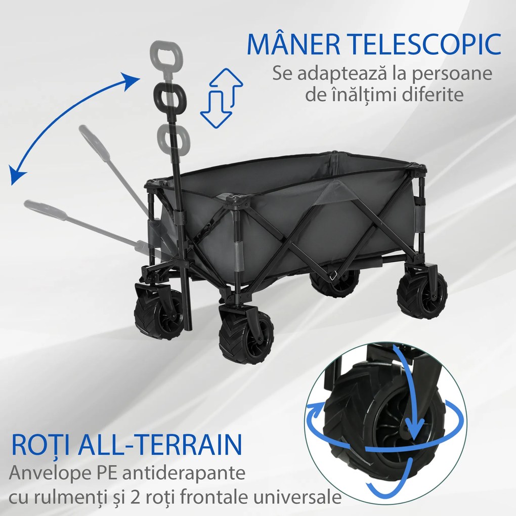 Outsunny Cărucior de Grădină cu Mâner Telescopic, Cărucior Metalic cu Spațiul de Depozitare din Material Oxford, 108x55 cm, Gri