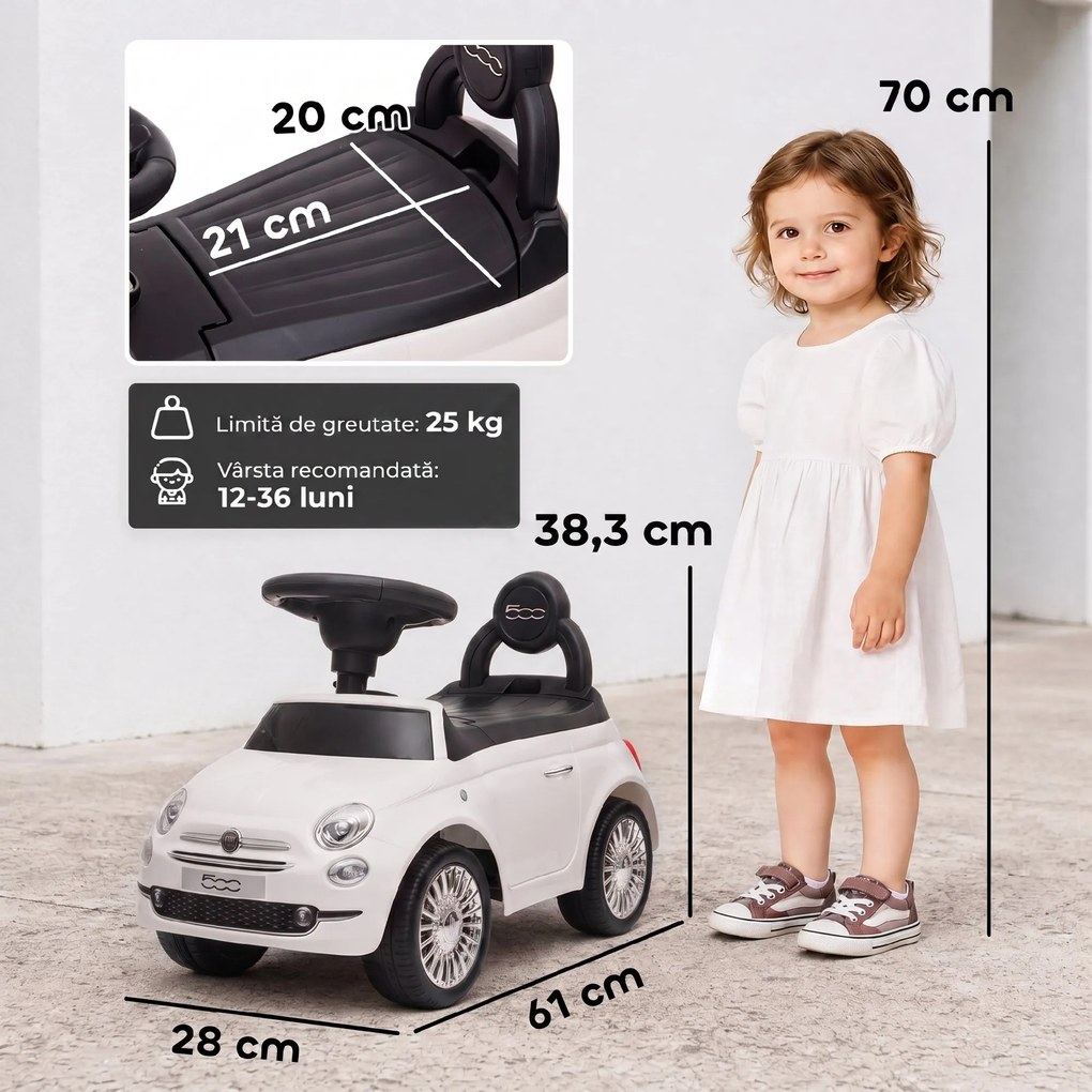 AIYAPLAY Mașinuță de Împins pentru Copii cu Licență Fiat, Muzică, Claxon, Anti-Răsturnare și PP, Alb | Aosom Romania