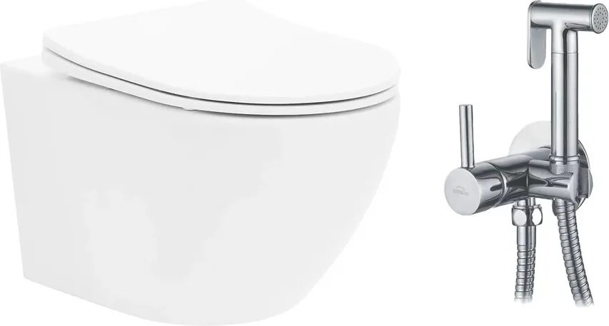 Pachet vas wc suspendat Rea Carlo Mini Basic, capac softclose si set dus igiena intima crom cu baterie incastrata Invena Bidetta