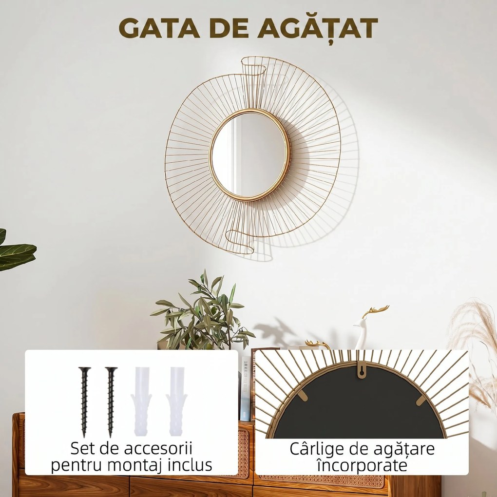 HOMCOM Oglindă Decorativă de Perete Rotundă, Design Modern cu Benzi Metalice și Ramă Plisată, Pentru Sufragerie, Dormitor și Hol, 60x60 cm, Auriu | Aosom Romania