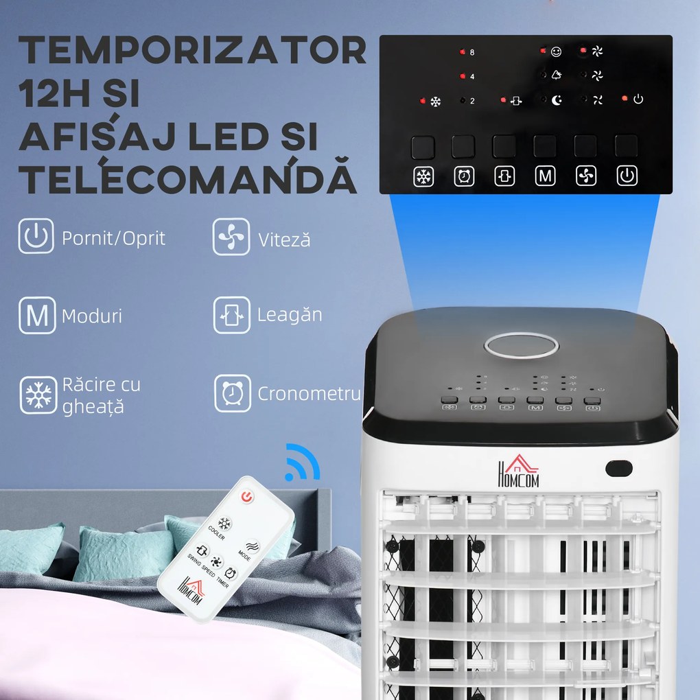 HOMCOM Răcitor Evaporativ 3-în-1, Ventilator, Umidificator cu Gheață și Dezumidificator, 3 Viteze, 3 Moduri și Telecomandă, Timer 12 Ore, 65W din ABS, 24.5x27x60 cm, Alb | Aosom Romania