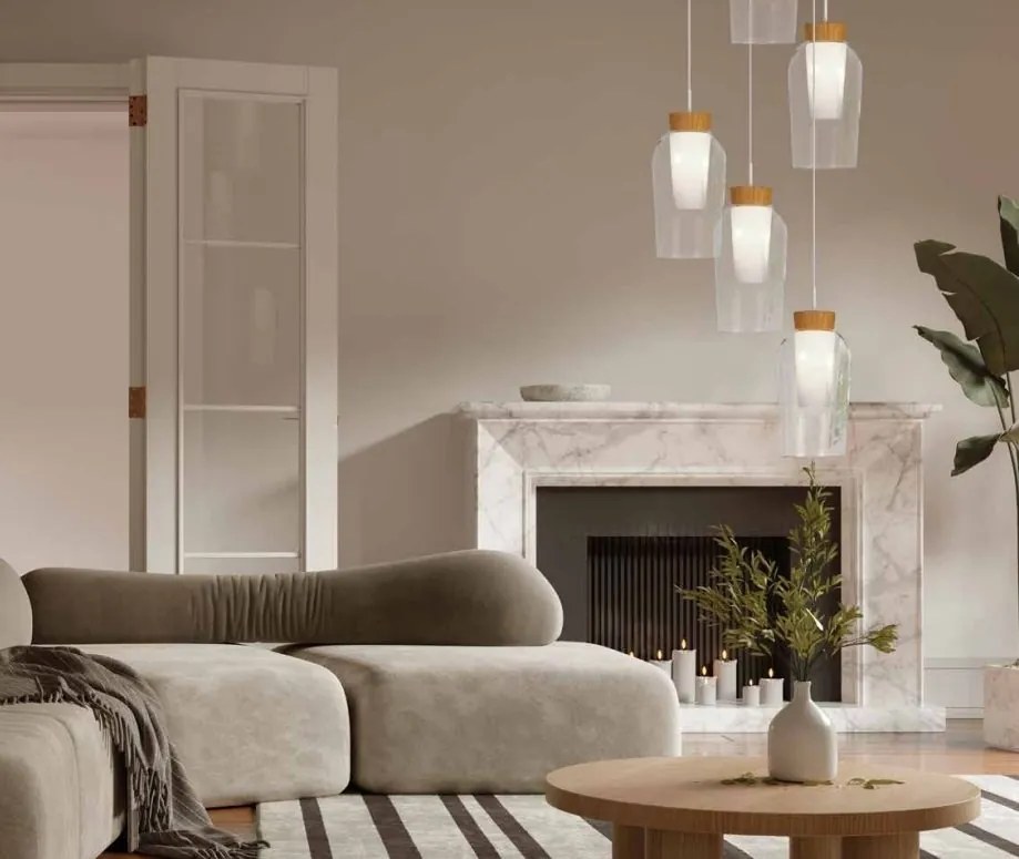 Lustra cu 5 pendule design modern Nora alb/ lemn
