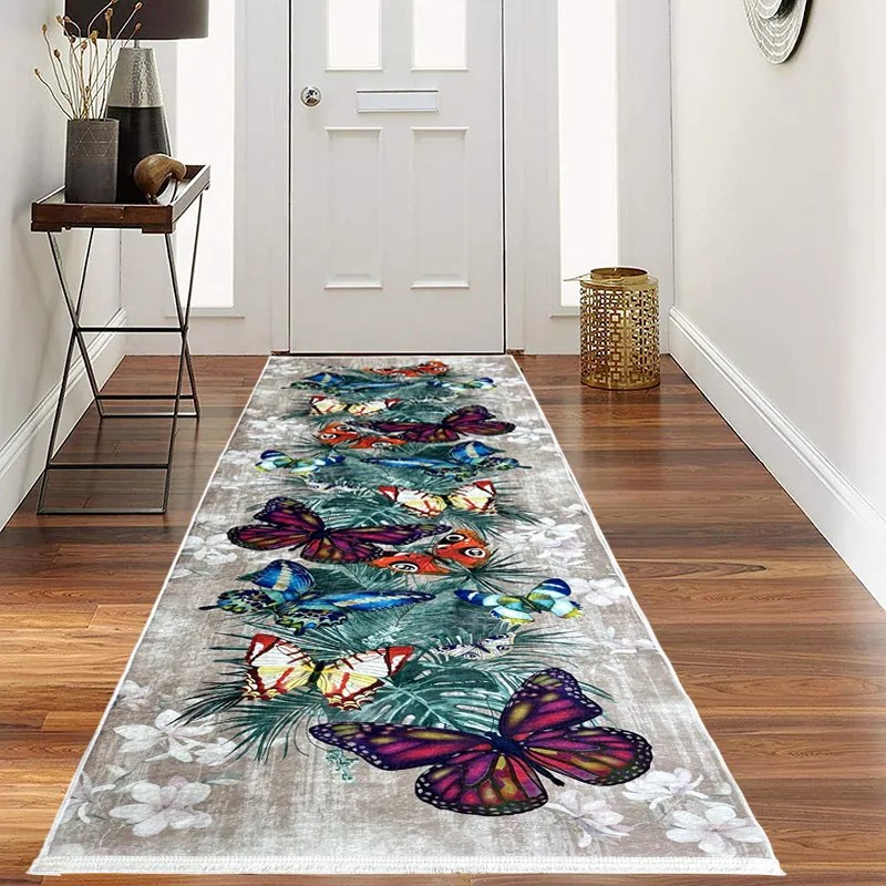 Traversa hol antiderapanta, 80x300 cm, poliester, bej, model fluturi