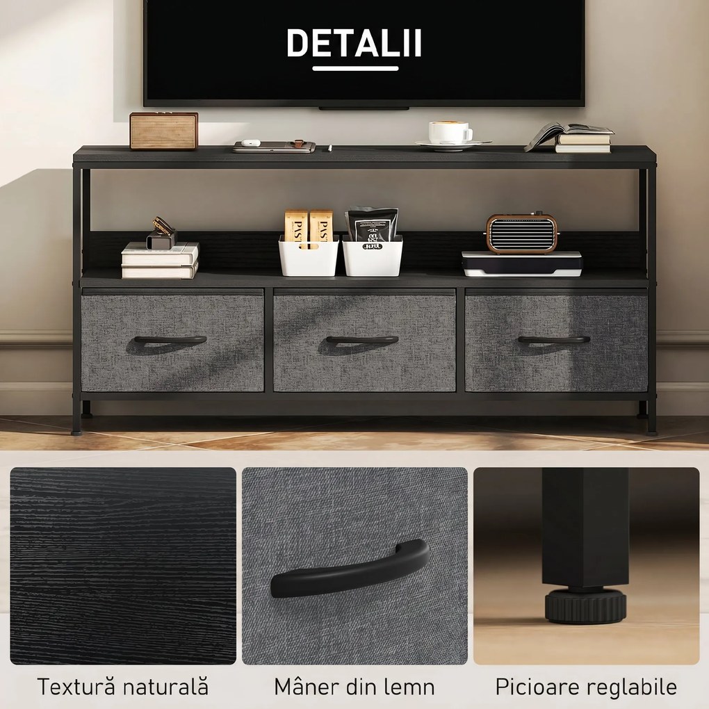 HOMCOM Suport TV Mobil, Până La 55", cu 3 Sertare Textil Pliabile, Raft, 120x29x56 cm, Negru | Aosom Romania
