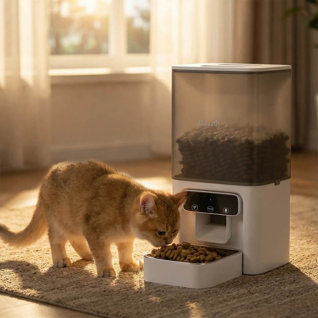 PawHut Distribuitor Automat pentru Pisici, 4.5L WiFi cu Timer, Programabil pentru 1-10 Mese, Hrănitor Automat cu Înregistrare Vocală și Alimentare Dublă pentru Pisici și Câini de Talie Mică | Aosom Romania