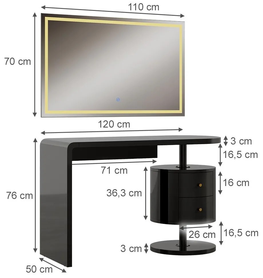 SEN257 - Set Masa toaleta, 120 cm, cosmetica machiaj, oglinda LED, masuta vanity cu sau fara scaun - Negru Lucios