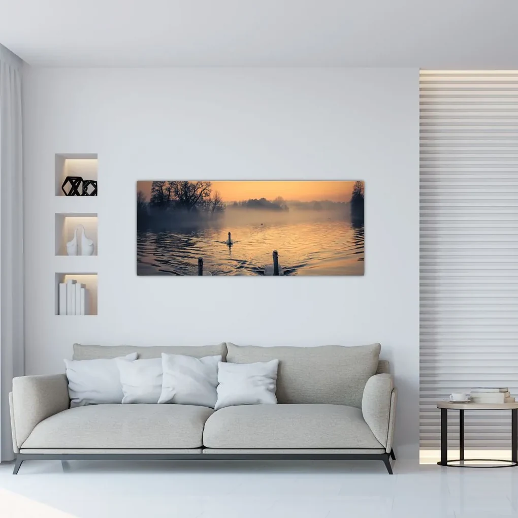 Tablou cu lebăde pe apă în ceață (120x50 cm), în 40 de alte dimensiuni noi