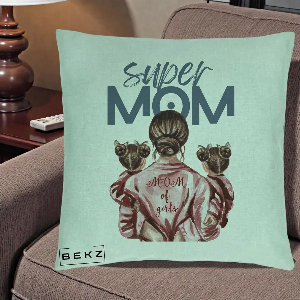 Cadou pentru Mama - Perna Personalizata Super Mom of Girls Mama cu Gemene, 40x40 cm, Verde Menta, Husa Detasabila, Perna Inclusa, BEKZ®