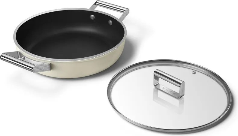 Oală joasă cu capac Smeg DPF2812CRM, 28 cm, 4,3 l, acoperire ceramică antiaderentă, potrivită pentru cuptor până la 250 °C, fără PFAS, compatibilă cu plitele cu inducție, culoare crem