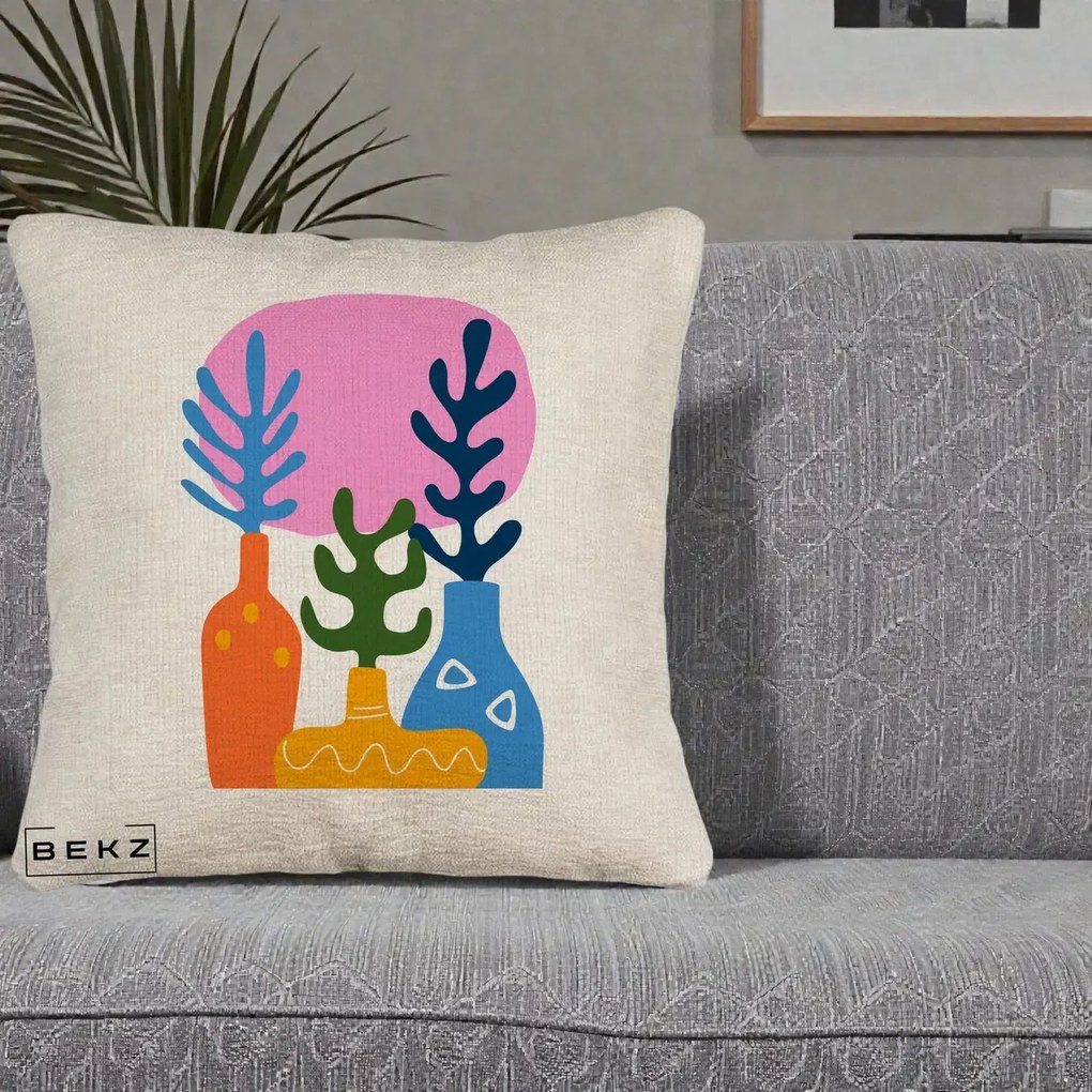 Perna Decorativa Vaze Botanice Abstract, 40x40 cm, Bej Canapea, Husa Detasabila, Perna Inclusa, BEKZ®